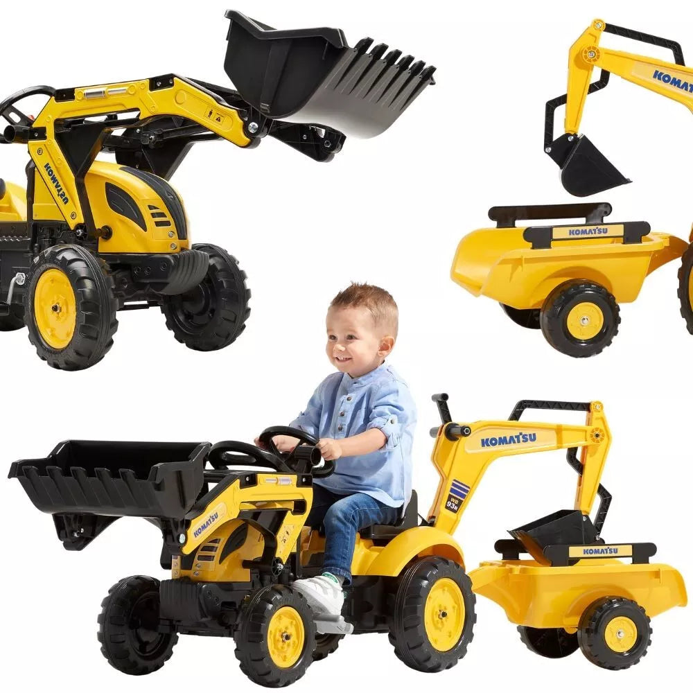 FALK Komatsu pedalinis traktorius su ekskavatoriaus kaušu ir priekaba